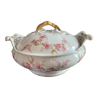 Antique French Limoges Pink and Lavender Flowers Round Serving Dish With Lid by Elite Works For Sale