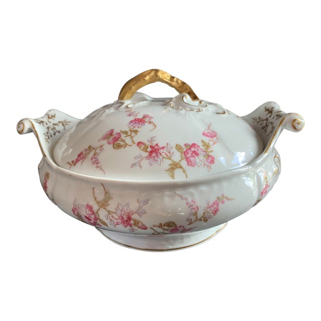 Antique French Limoges Pink and Lavender Flowers Round Serving Dish With Lid by Elite Works For Sale