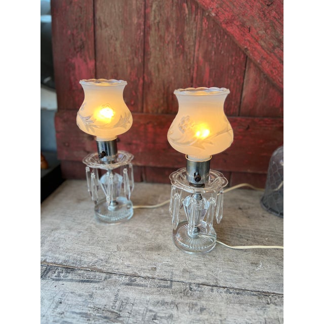 Pair of Vintage Crystal Boudoir Table Lamps With Frosted Floral Glass Shades For Sale In Kansas City - Image 6 of 18