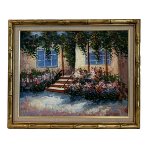 Vintage Framed Cottage Garden Entry Oil Painting With Gold Bamboo Frame