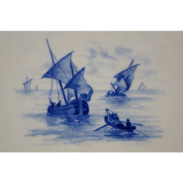 Late 18th Century Antique Dutch Delft Cobalt Blue Nautical Maritime Rowboat Sailboats Ship Tile 6" For Sale - Image 5 of 11