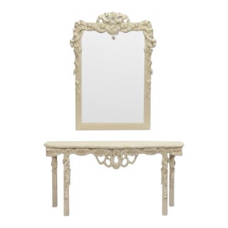 Hollywood Regency Style Italian Carved Ribbon Mirror & Stone Console Table For Sale