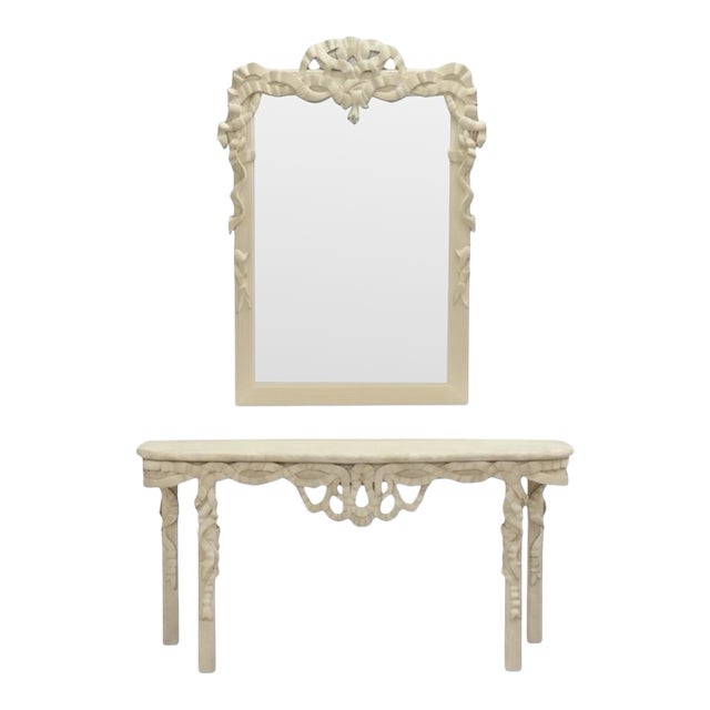 Hollywood Regency Style Italian Carved Ribbon Mirror & Stone Console Table For Sale