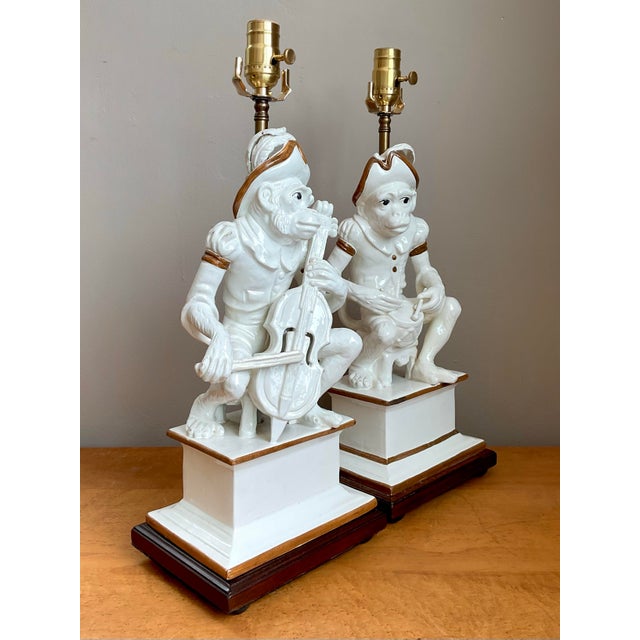 Vintage Italian Glazed Ceramic Monkey Musician Lamps - A Pair For Sale - Image 11 of 12