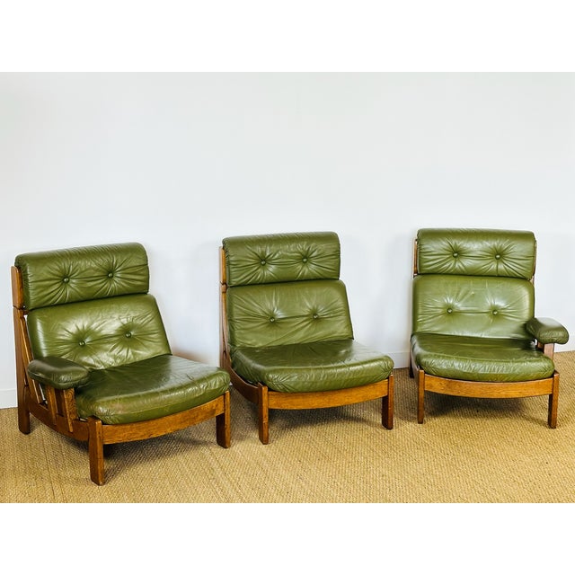 Vintage Scandinavian Modular Sofa in Green Leather and Oak, 1960s, Set of 3 For Sale - Image 6 of 18