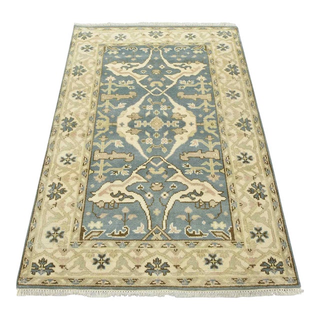 Oushak Rug 4’1” X 6’1” Blue Wool Tribal Hand-Knotted Oriental Carpet For Sale