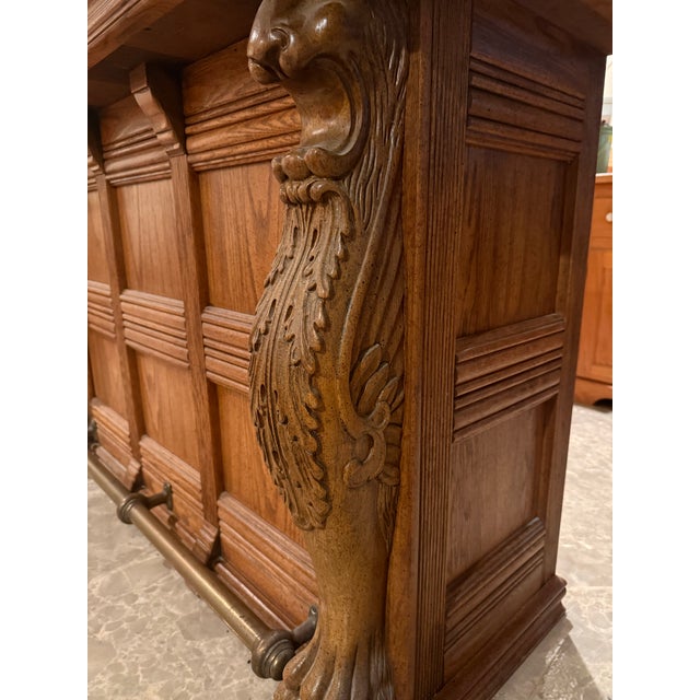 Pulaski Oak Bar With Brass Top and Foot Rail, Griffin Carvings, Plus Custom Inset Oak Doors, Attributed For Sale - Image 11 of 12