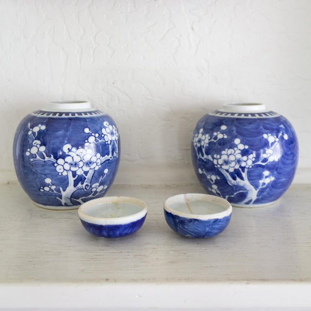 Pair of Blue and White Chinese Chinoiserie Prunus Blossom Lidded Ginger Jars For Sale - Image 13 of 14
