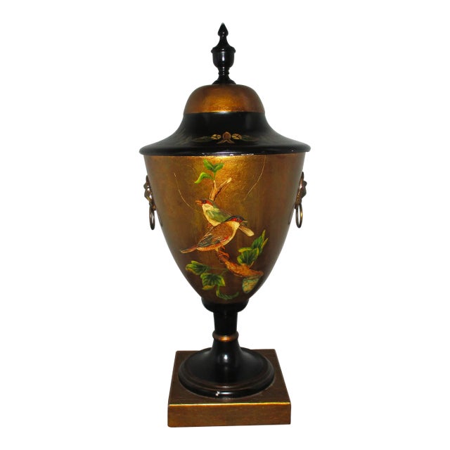 Vintage French Provincial Toleware Hand Painted Urn With Birds & Flowers Lion Handles For Sale
