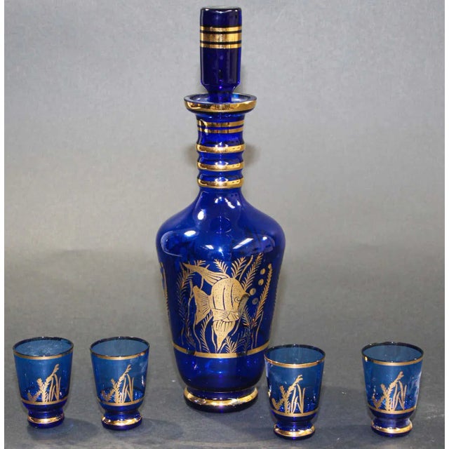 Blue Cobalt Blue Enameled Glass Liquor Set Decanter and Glassesy - Set of 5 For Sale - Image 8 of 13
