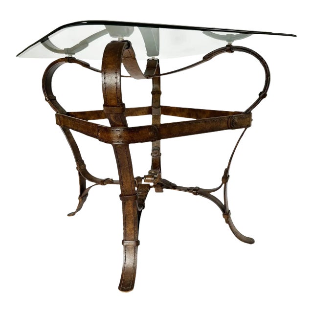 1980s Vintage Hermes Adnet Style Iron Faux Leather Strap Equestrian End Table For Sale