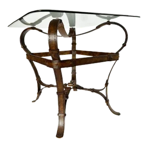 1980s Vintage Hermes Adnet Style Iron Faux Leather Strap Equestrian End Table