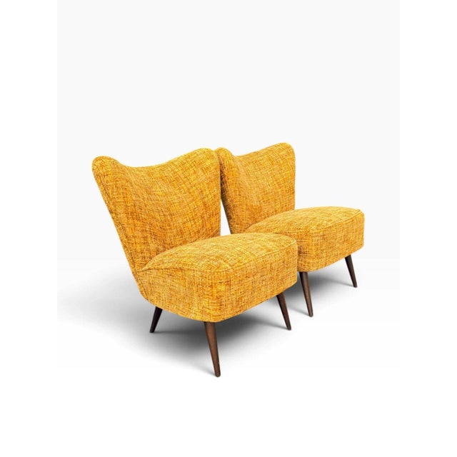 Mid-Century Modern Pair of Danish Modern Cocktail Chairs | Curved Winged Backs in Golden Mustard Tweed | Tapered Wood Legs | C. 1950s For Sale - Image 3 of 15