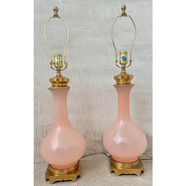 Rare Mid-Century Modern Pink Opaline Italian Murano Paul Hanson Table Lamps in the Style of Cedense Vetri- A Pair For Sale In San Antonio - Image 6 of 12