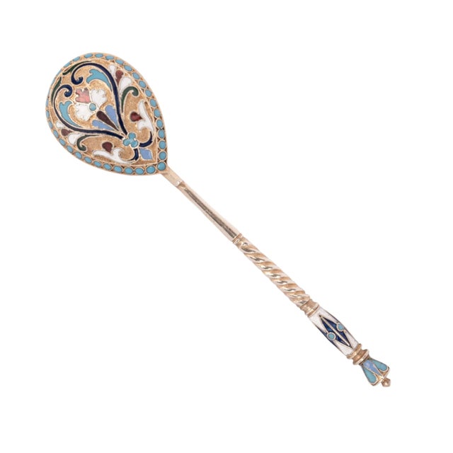 A very good set of five antique Imperial Russian silver-gilt & cloisonne spoons, Moscow, circa 1899. The spoons having...