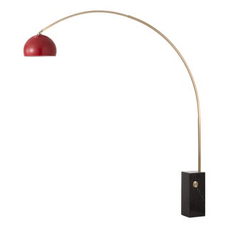 Mid-Century Modern Arc Floor Lamp, Crimson Red Shade, Brass Body, Marble Base For Sale