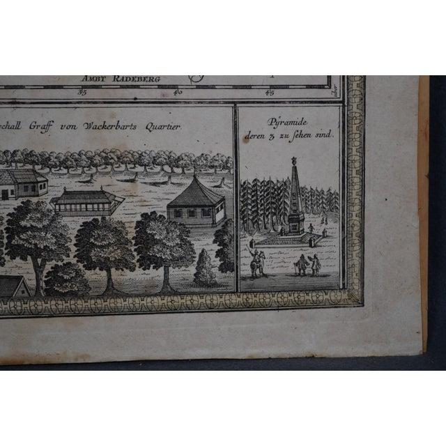 Rustic European Antique German Geographical Map "Grossen Hayn" 1730 Engraved in Black With Color Highlights For Sale - Image 3 of 12