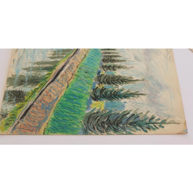 1950s Mid-Century Swedish Folk Art Original Oil Pastel Painting, Canal With a Rowboat and Greenery For Sale - Image 13 of 18