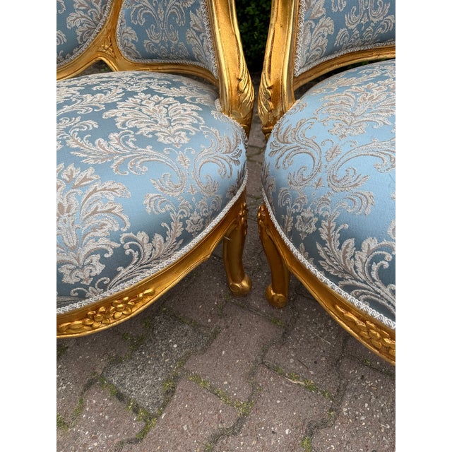 1940 French Louis XVI Gold Beech Damask Sofa Set - 5 PCS For Sale - Image 16 of 18