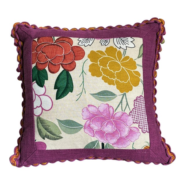 Designer Floral Accent Pillow With Plum Woven Border & Multicolor Pom Trim For Sale