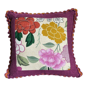 Designer Floral Accent Pillow With Plum Woven Border & Multicolor Pom Trim