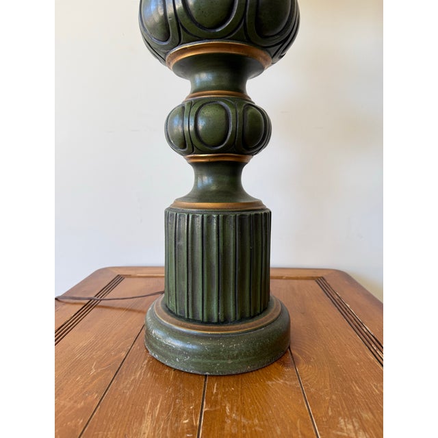 Late 20th Century Vintage Oversized Green and Gold Carved Table Lamp With Drum Shade For Sale - Image 5 of 9