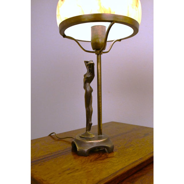 Khaki Vintage Swedish Art Nouveau Style Table Lamps in Bronze and Blown Glass by Ateljé Lyktan, 1980s, Set of 2 For Sale - Image 8 of 12