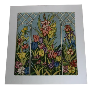 Vintage 1970's Colors Flowers in Stained Glass Window Needlepoint Wall Art Acrylic Mirror Frame
