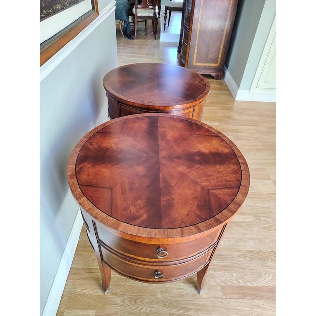 2000 - 2009 A Pair of Round Mahogany Accent Table With Two Drawers by Ethan Allen For Sale - Image 5 of 13