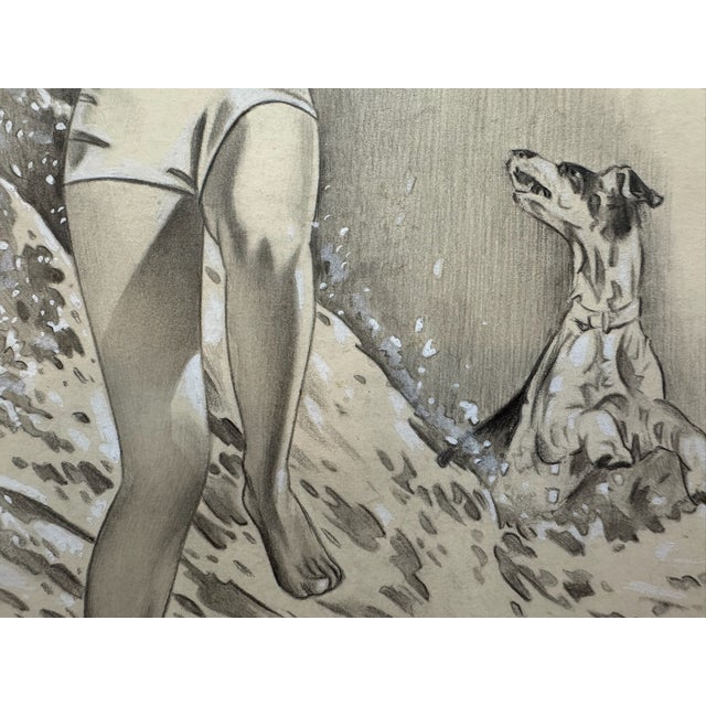 Illustration 1940s Original Signed Graphite Illustration of Woman Running Through Surf With Dog, 13.5 X 9.75 In. For Sale - Image 3 of 7