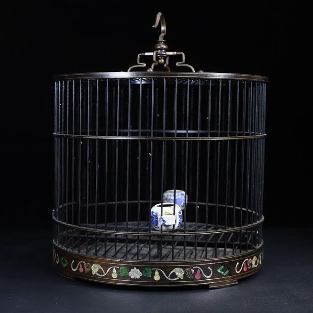 Late 19th Century Dark Wood Birdcage With Mother-of-Pearl Inlay and Porcelain Cups For Sale - Image 10 of 10