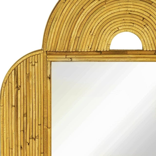 Postmodern 1980s Large 47"x 30" Italian Restored Streamline Split Reed Rattan Arched Wall Mirror For Sale - Image 3 of 4