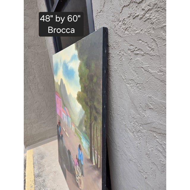 Charming vintage Latin American folk art style street scene with vibrant colors.