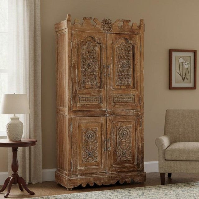 Wood Antique Hand-Carved Armoire Cabinet | Ornate Vintage Accent Storage Furniture 77x38 For Sale - Image 7 of 7