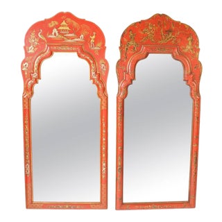 Red Chinoiserie Decorated Mirrors - a Pair For Sale