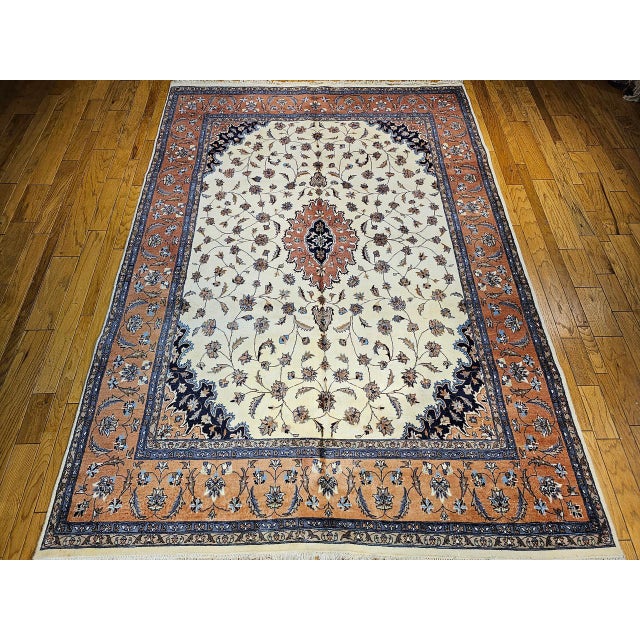 1900 - 1909 Vintage Tabriz Rug, Hand-Knotted Wool, Floral Medallion Pattern, Ivory & Terracotta, 9x13 For Sale - Image 5 of 13
