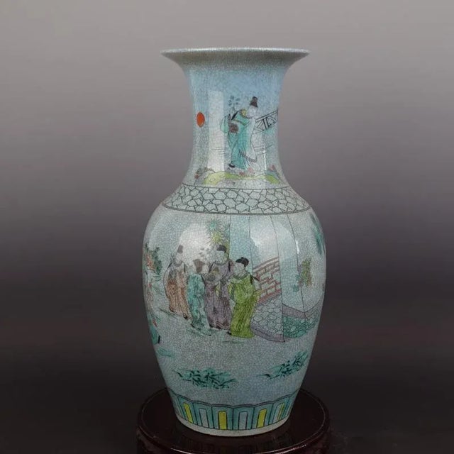 Chinese Vintage Porcelain Vase Qing Dynasty Qianlong Marked Crackle Glaze Famille Verte Porcelain Vase Hand Painted Figures Pattern For Sale - Image 4 of 8
