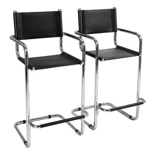 Pair of Vintage Chrome and Black Sling Bar Stools, Bauhaus Style For Sale