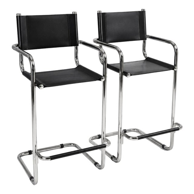Pair of Vintage Chrome and Black Sling Bar Stools, Bauhaus Style For Sale