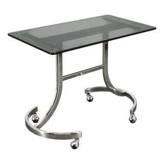 Vintage Italian Space Age Chrome and Smoked Glass Rolling Side Table, 1970s For Sale