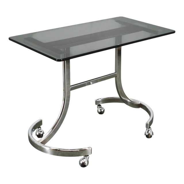Vintage Italian Space Age Chrome and Smoked Glass Rolling Side Table, 1970s For Sale