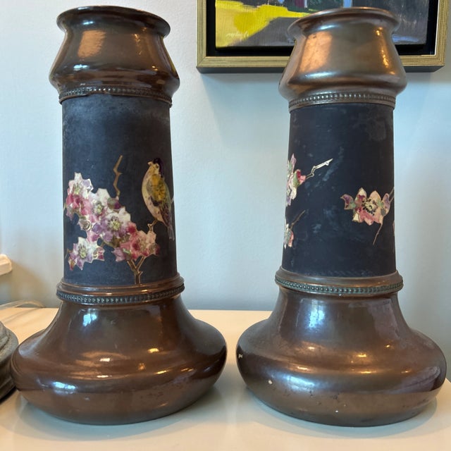 Pair of Bretby Art Nouveau Vases With a Floral/Bird Design For Sale - Image 4 of 11