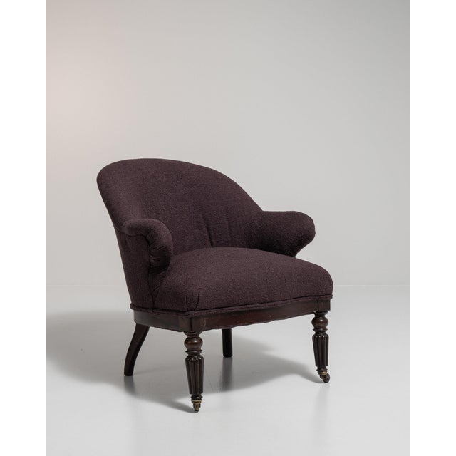 Wood 1880-1889 France Deep Aubergine Plum Tufted Barrel-Back Accent Chair For Sale - Image 7 of 11