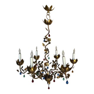 1960's Spanish Gilt Metal Chandelier With Colored Glass For Sale