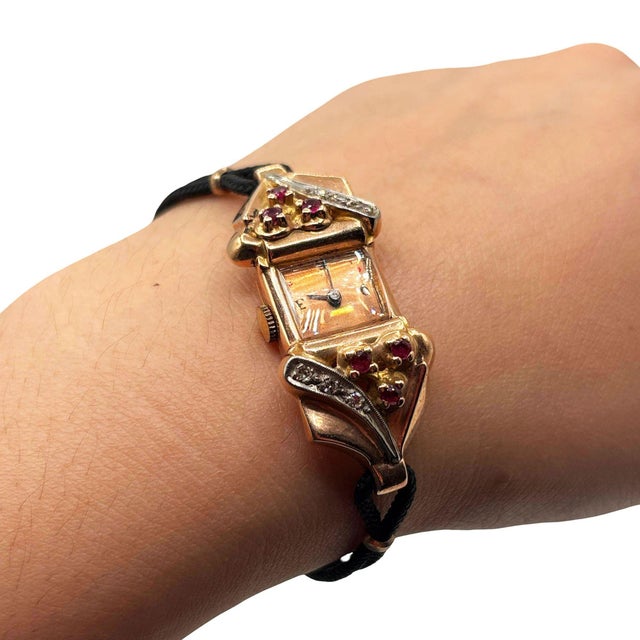 1940s Women's 14k Gold Wristwatch W/ Ruby & Diamond Accents by Jacoby-Bender For Sale - Image 13 of 16