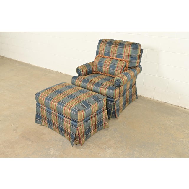 An exceptional English Country style plaid upholstered lounge chair with ottoman In the manner of Ralph Lauren By Harden...