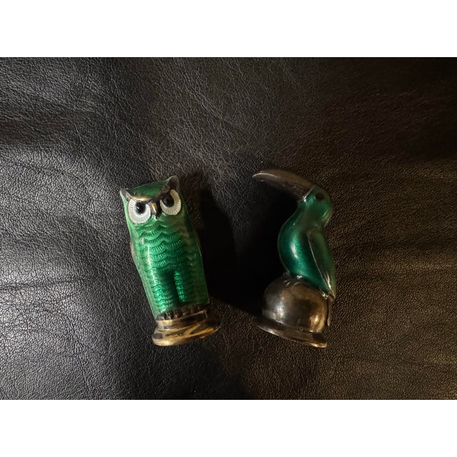 David Andersen Norwegian Sterling Silver & Enamel Owl&bird Salt and Pepper Shakers, Pair, Circa 1950 Signed. 23g each....