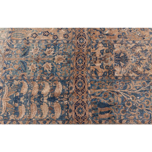 Persian Camel and Pastel Blue Antique Persian Kirman Rug For Sale - Image 3 of 11