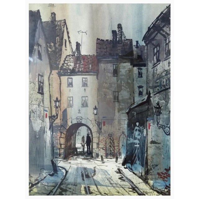 Old town 1983. Watercolor, acrylic on paper, 76x56 cm the central focus of the artwork is on an old town, a historic...