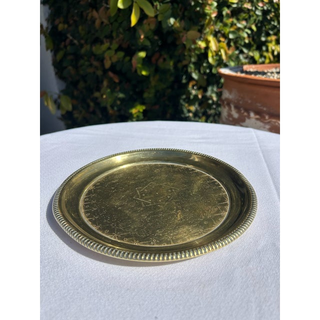 Traditional Vintage Small Etched Brass Tray With Beaded Rim For Sale - Image 3 of 10